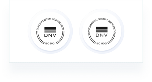 Two circular seals side by side. The left seal reads 'QUALITY SYSTEM CERTIFICATION DNV ISO 9001' and the right seal reads 'ENVIRONMENTAL SYSTEM CERTIFICATION DNV ISO 14001', both indicating compliance with international standards for quality and environmental management systems.