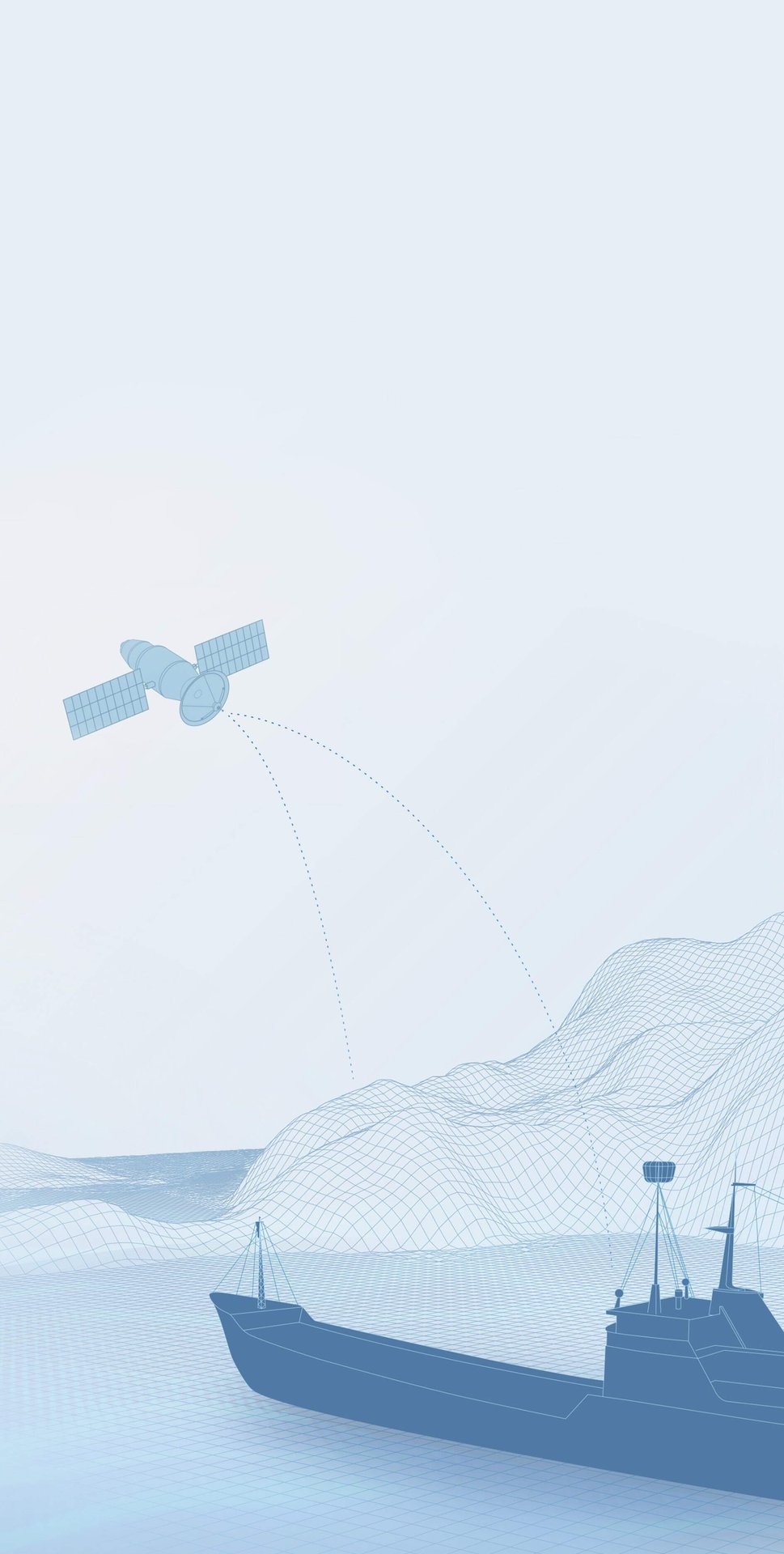 Illustration of a ship on a stylized blue ocean with digital grid lines rising to form mountain shapes in the background. Above in the sky, there is a small plane depicted to the upper left side. The image fades to white towards the top and has a transparent background.