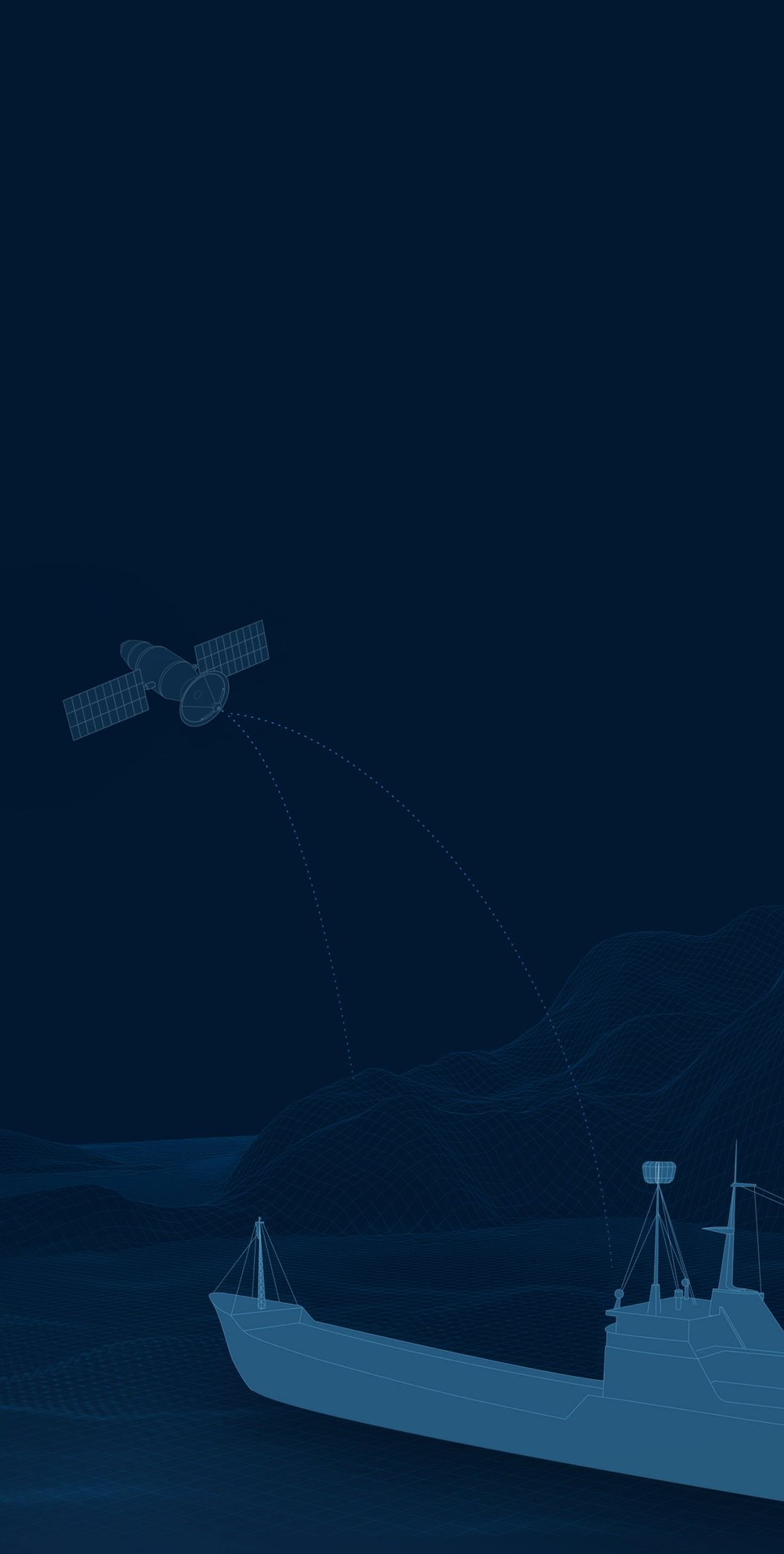 Dark blue digital illustration of a ship and satellite at sea, conveying high-tech navigation and connectivity in maritime operations
