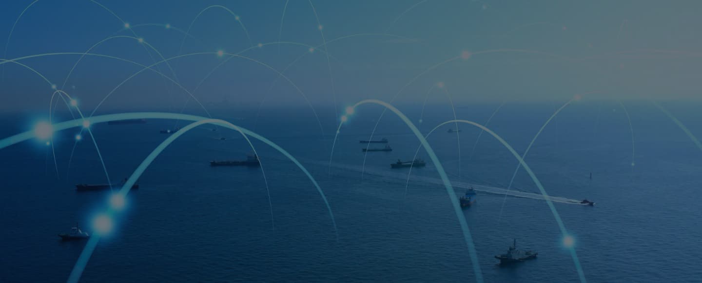 A dusk view over a calm sea with multiple silhouettes of ships on the water. Overlaid are translucent, light blue arcs connecting points of light, suggesting digital connections or communication lines between the vessels, against the gradient of twilight sky.