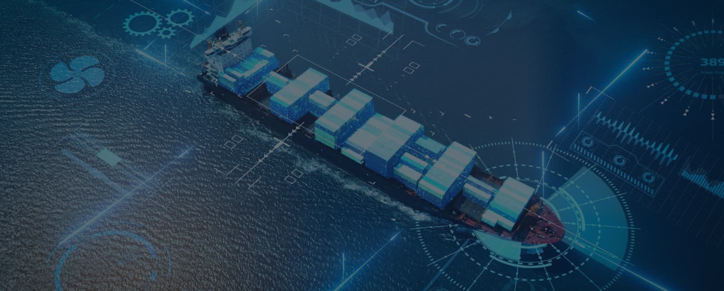Aerial view of a large container ship at sea overlaid with futuristic digital graphics, suggesting concepts like global trade logistics, maritime navigation technology, or supply chain management