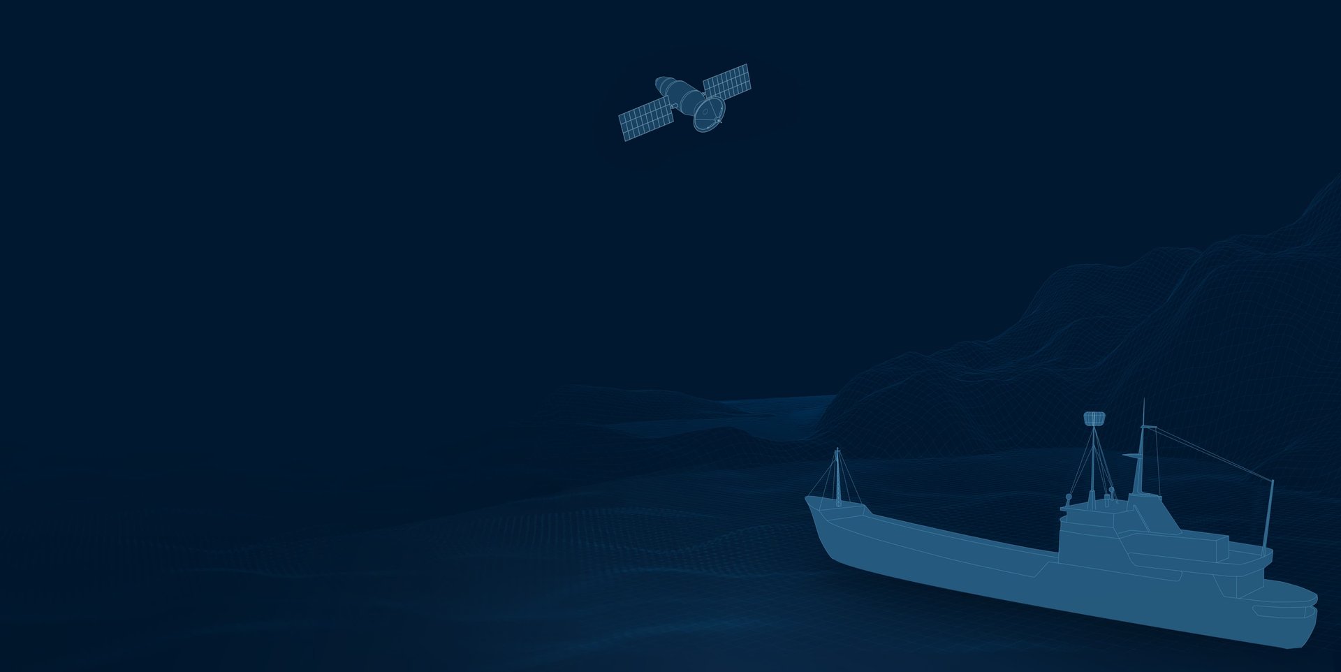 Dark blue digital illustration of a ship and satellite at sea, conveying high-tech navigation and connectivity in maritime operations