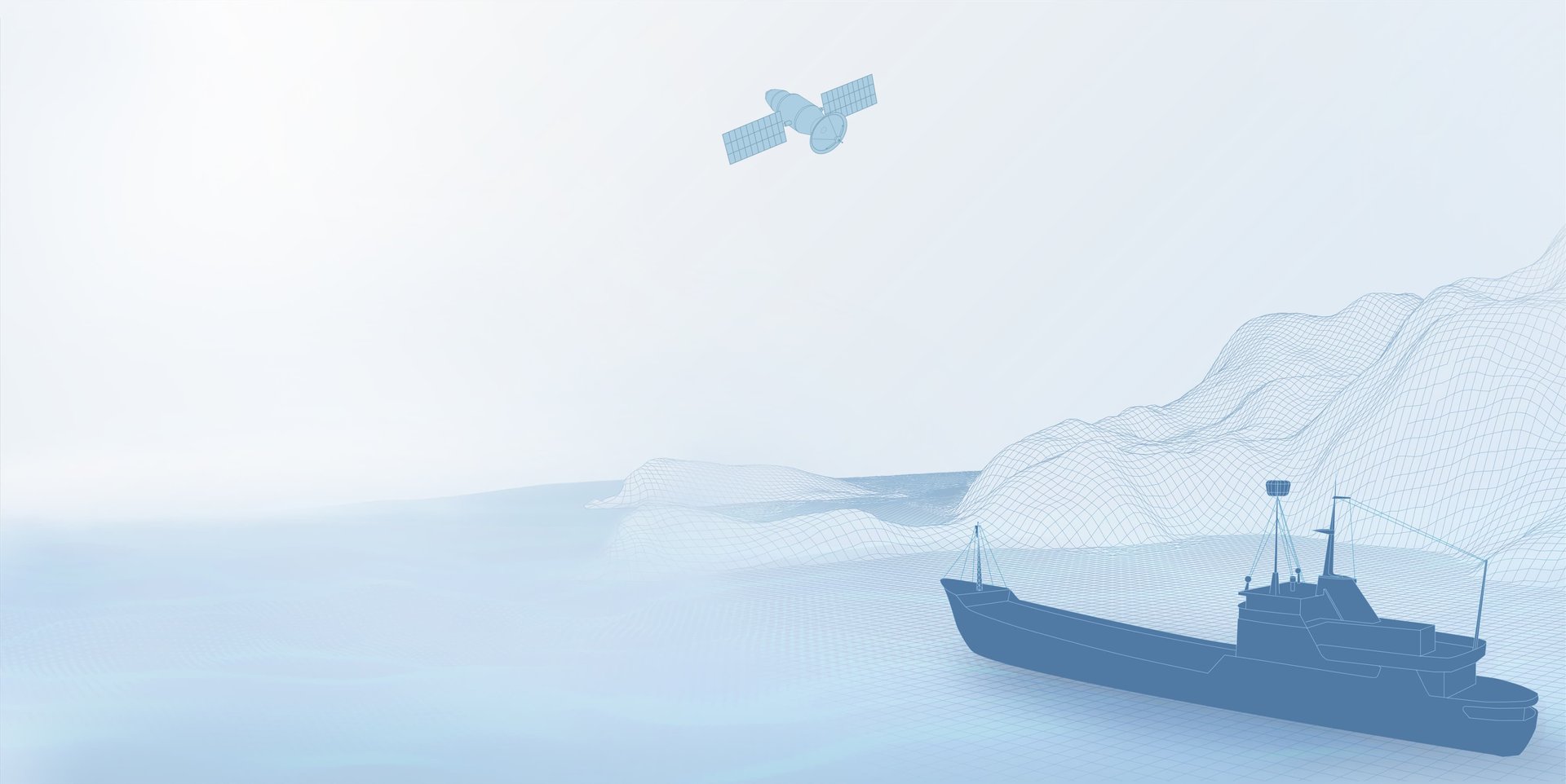 Illustration of a ship on a stylized blue ocean with digital grid lines rising to form mountain shapes in the background. Above in the sky, there is a small plane depicted to the upper left side. The image fades to white towards the top and has a transparent background.