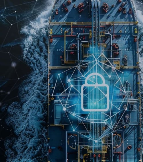 Aerial view of a container ship at sea with digital overlays of security and network connection graphics, highlighting a padlock symbol in the center, symbolizing cybersecurity and data protection in maritime transport