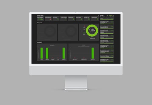 A modern computer monitor displaying a dashboard interface with various gauges, graphs, and metrics in shades of green on a dark background. The dashboard presents data on system status, security, and performance indicators, suggesting a monitoring tool for IT network management or data analytics