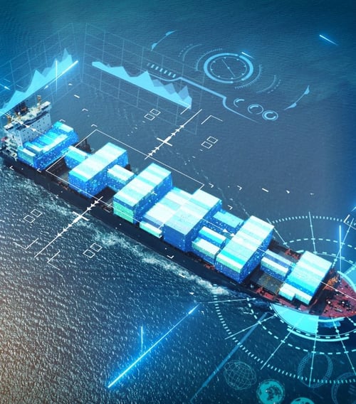 Aerial image of a cargo ship at sea with glowing blue digital overlays suggesting advanced navigation, tracking, and logistic systems. The ship is heavily laden with containers and is leaving a wake in the water, emphasizing the integration of technology in maritime transport.